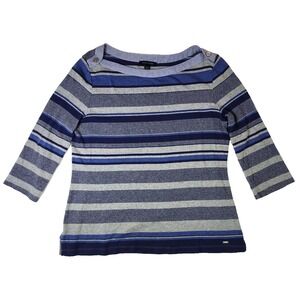 Tommy Hilfiger Womens L Striped‎ Boat Neck 3/4 Sleeve Shirt Top Blue Gray